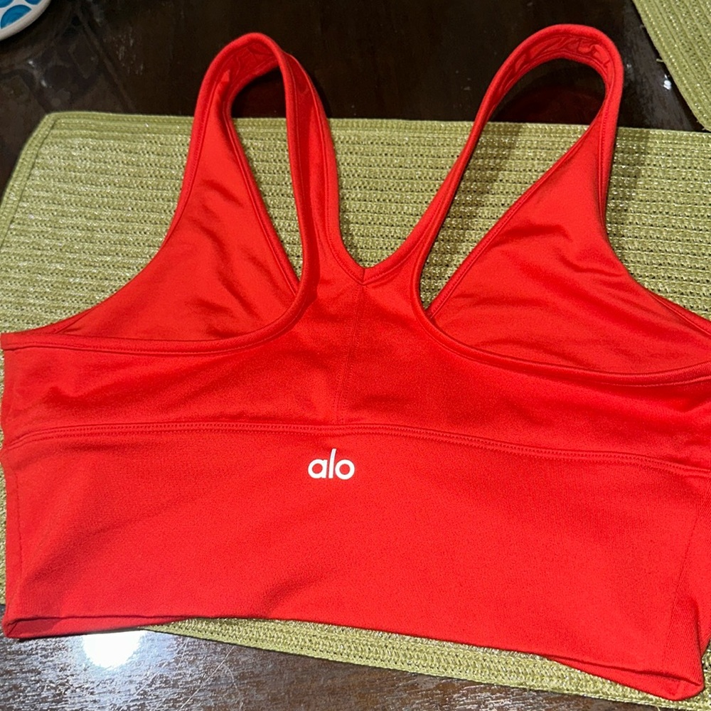 ALO Yoga Red Racerback Sports Bra with Ruched V-Neck
